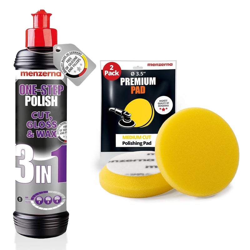 menzerna All-in-One polishing Kit I Car polishing Set with One-Step Polish 3in1 (8oz) and 3.5 Inch Polishing Pad I Moderate Scratch Remover, high Gloss and Wax Kit for All Types of Vehicles - Image 1